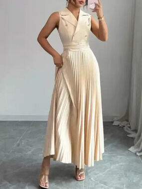 Zara Summer Office Notch Lapel Sleeveless Cinch Waist Pleated Hem Dress
